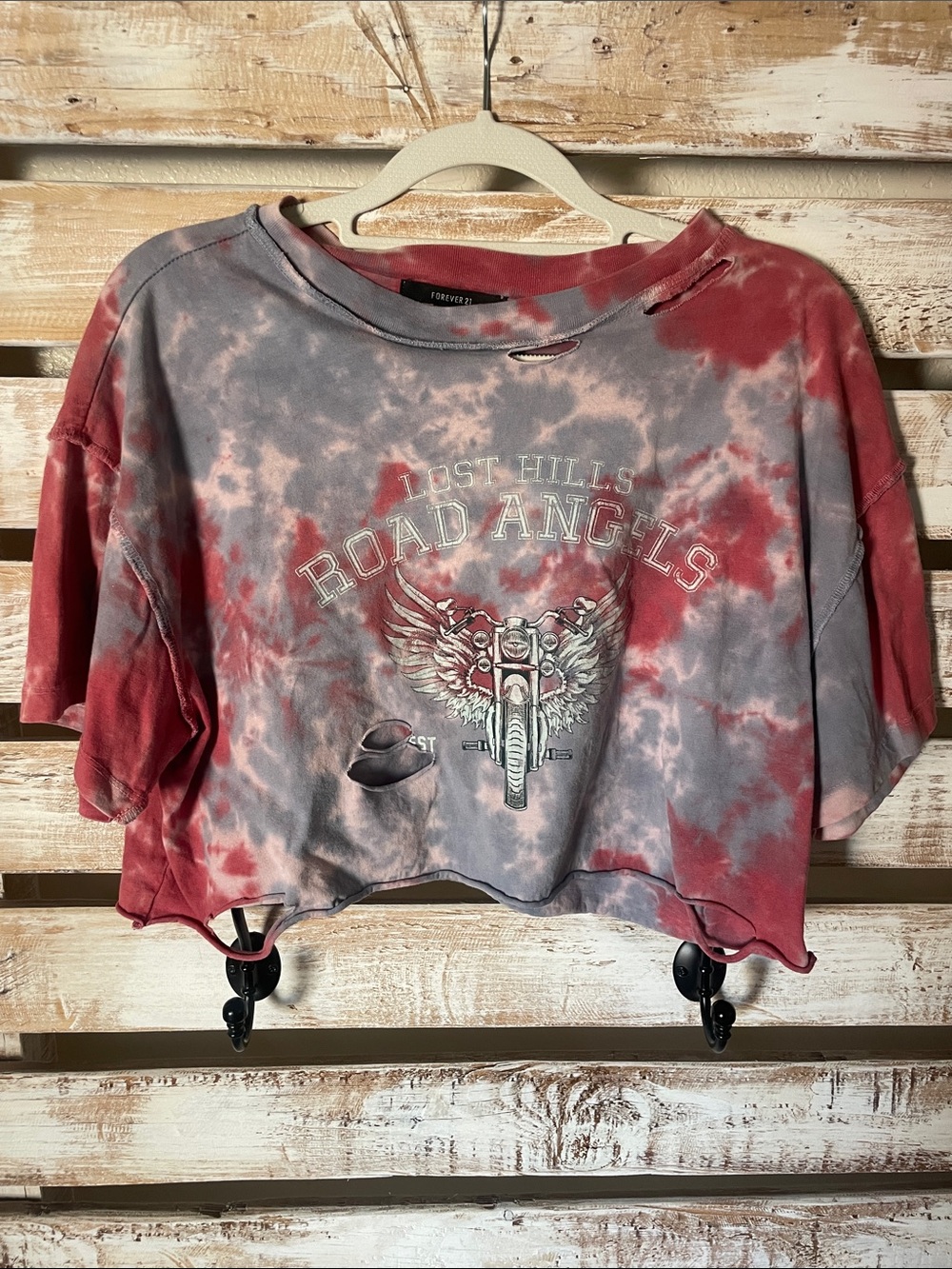 Forever 21 tie-dye cropped t-shirt "Road Angels" motorcycle graphic Size Small